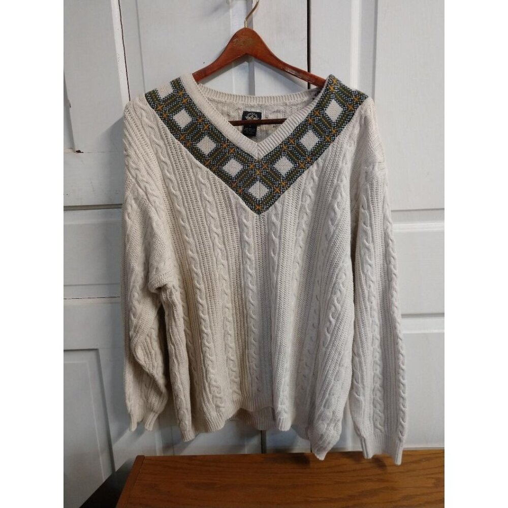 Vintage Dockers Cable Knit Sweater With Beaded V-Neck Long Sleeve 100% Cotton Ma